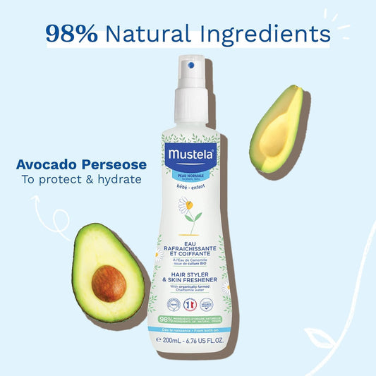 Mustela Baby Hair Styler & Skin Freshener - with Natural Avocado & Chamomile Water - Vegan & Hypoallergenic - 200ml