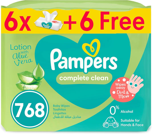 Pampers Complete Clean Baby Wipes with Aloe Vera Lotion for Hands & Face, 12 Packs, 768 Count