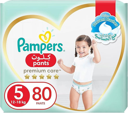 Pampers Premium Care Pants Diapers, Size 5, 12-18kg, Unique Softest Absorption for Ultimate Skin Protection, 80 Count