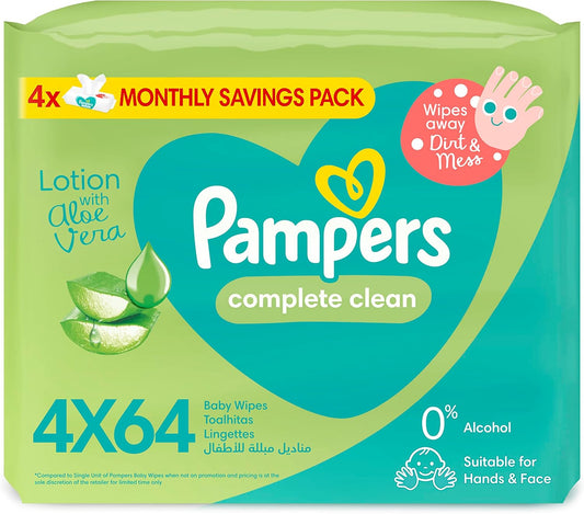 Pampers Complete Clean Baby Wipes, with Aloe Vera Lotion, 4 Packs, 256 Wipe Count