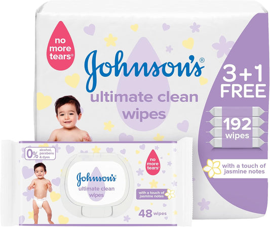 Johnson's Baby Wipes - Ultimate Clean, 3 +1 Packs of 48 Wipes, 192 Total Count