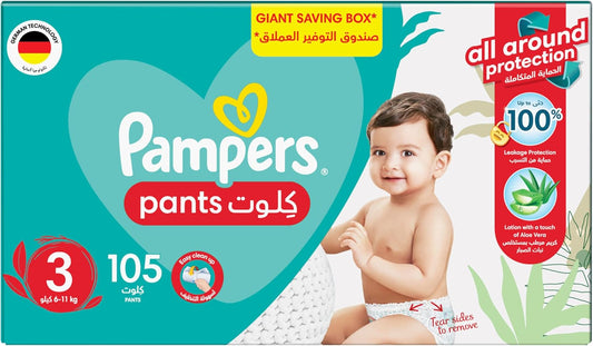 Pampers Baby-Dry Pants Diapers with Aloe Vera Lotion, 360 Fit & up to 100% Leakproof, Size 3, 6-11kg, Mega Box, 105 Count