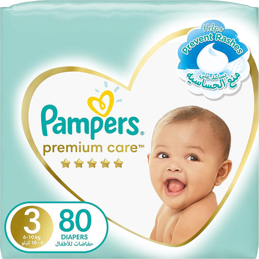 Pampers Premium Care Taped Baby Diapers, Size 3, 6-10 kg, Unique Softest Absorption for Ultimate Skin Protection, 80 Count