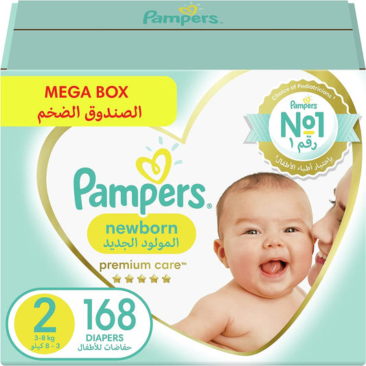 Pampers Premium Care Newborn Taped Diapers, Size 2, 3-8kg, Unique Softest Absorption for Ultimate Skin Protection, 168 Count