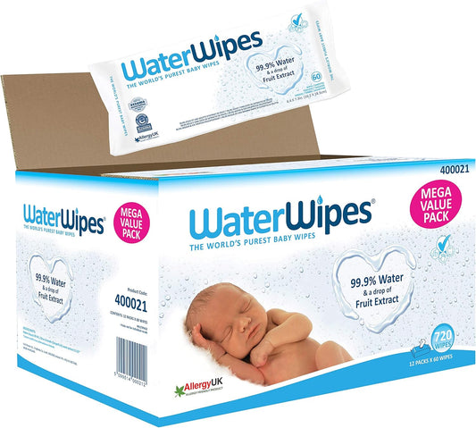 Waterwipes Mega Value Box Baby Wipes Pack Of 12 Pouches X 60 Sheets, 720 Wipes, White