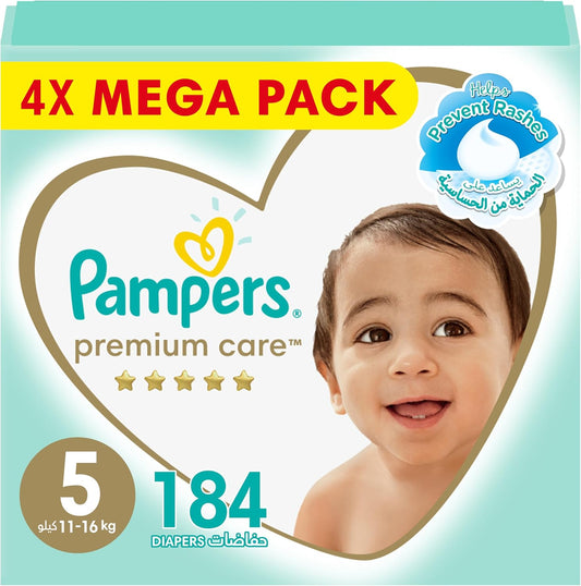 Pampers Premium Care Taped Baby Diapers, Size 5, 11-16kg, Unique Softest Absorption for Ultimate Skin Protection, 184 Count